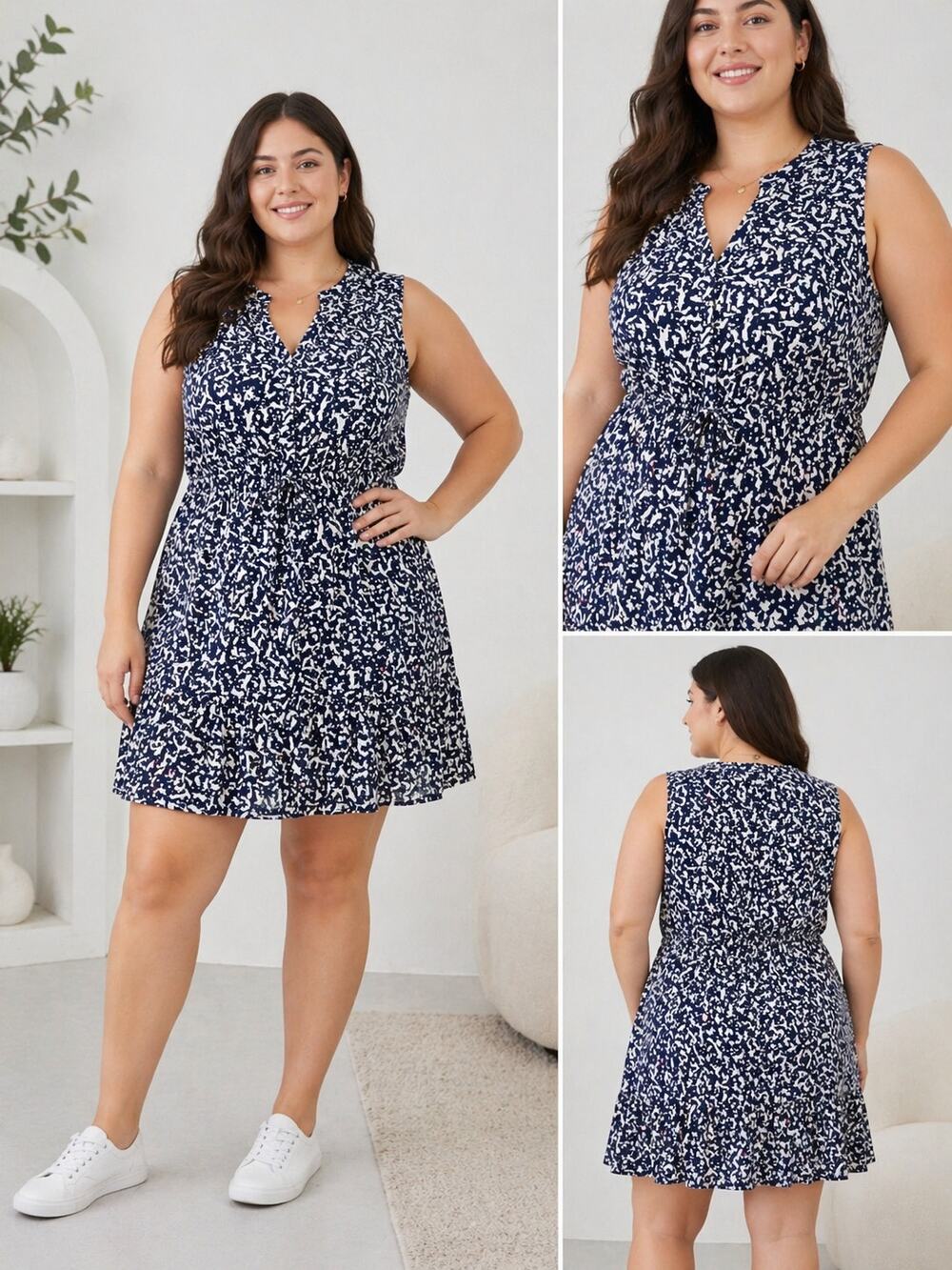 Gap Cat Print Sleeveless Drawstring Dress Navy‎ White Ruffle Hem L